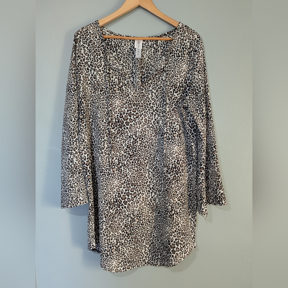 Inara Leopard Print V-neck Tunic Top with Bell Sleeves Tie-front Closure
